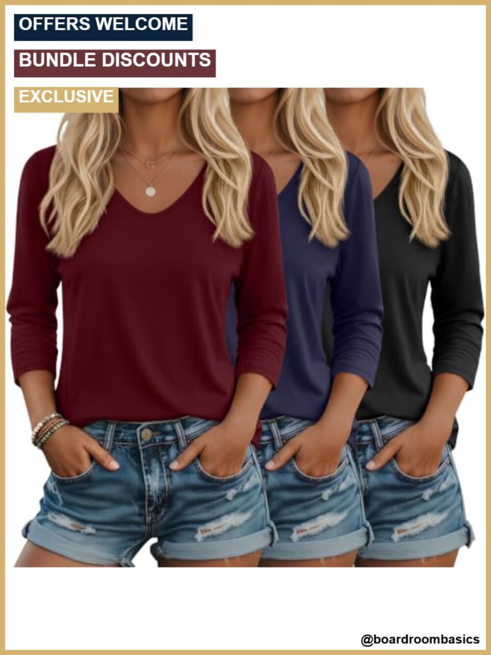 3 Pack Women's 3/4 Sleeve V Neck Tops Loose Fit Casual T-Shirts